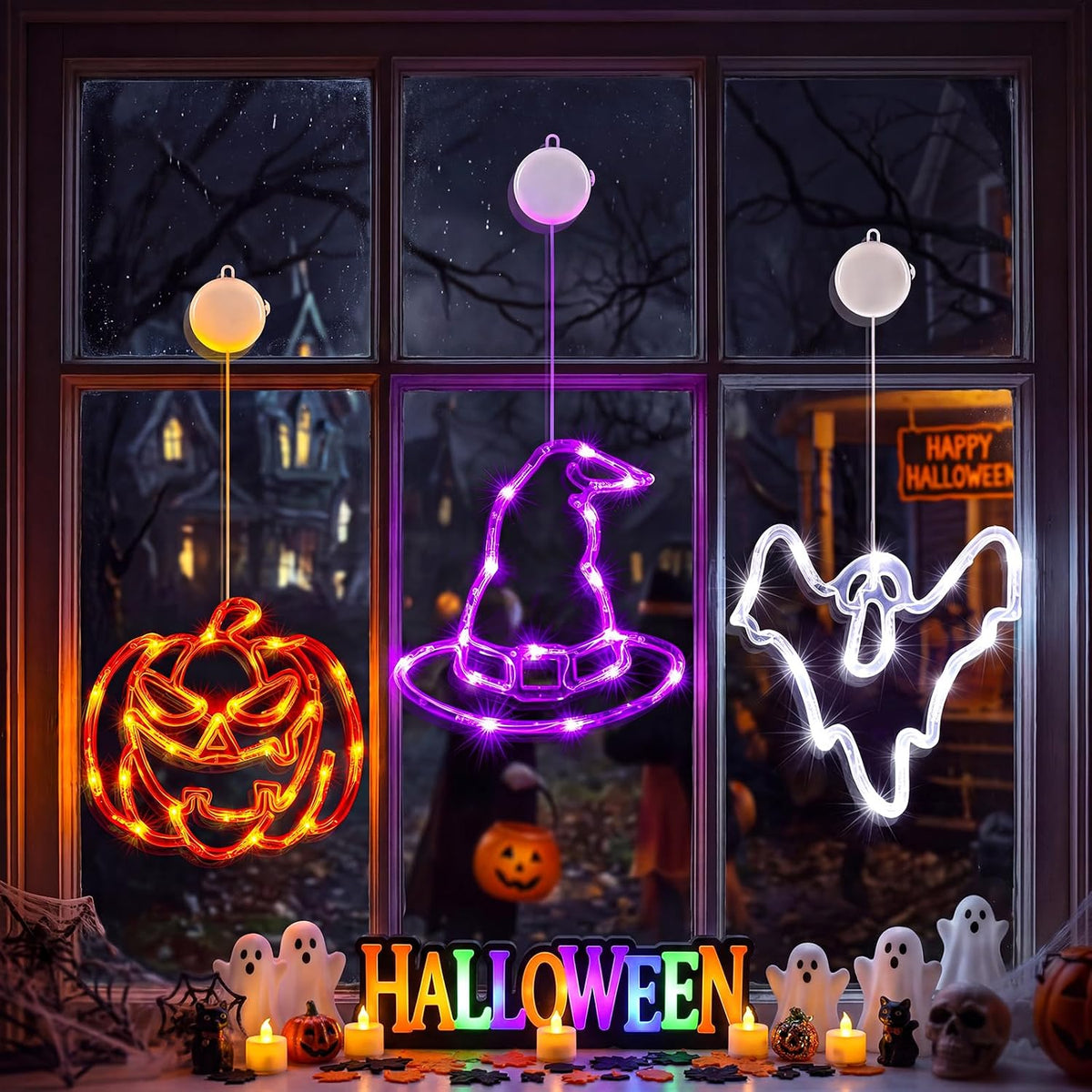 3 Pack Halloween Windows Lights - Pumpkin, Ghost, Hat with Timer