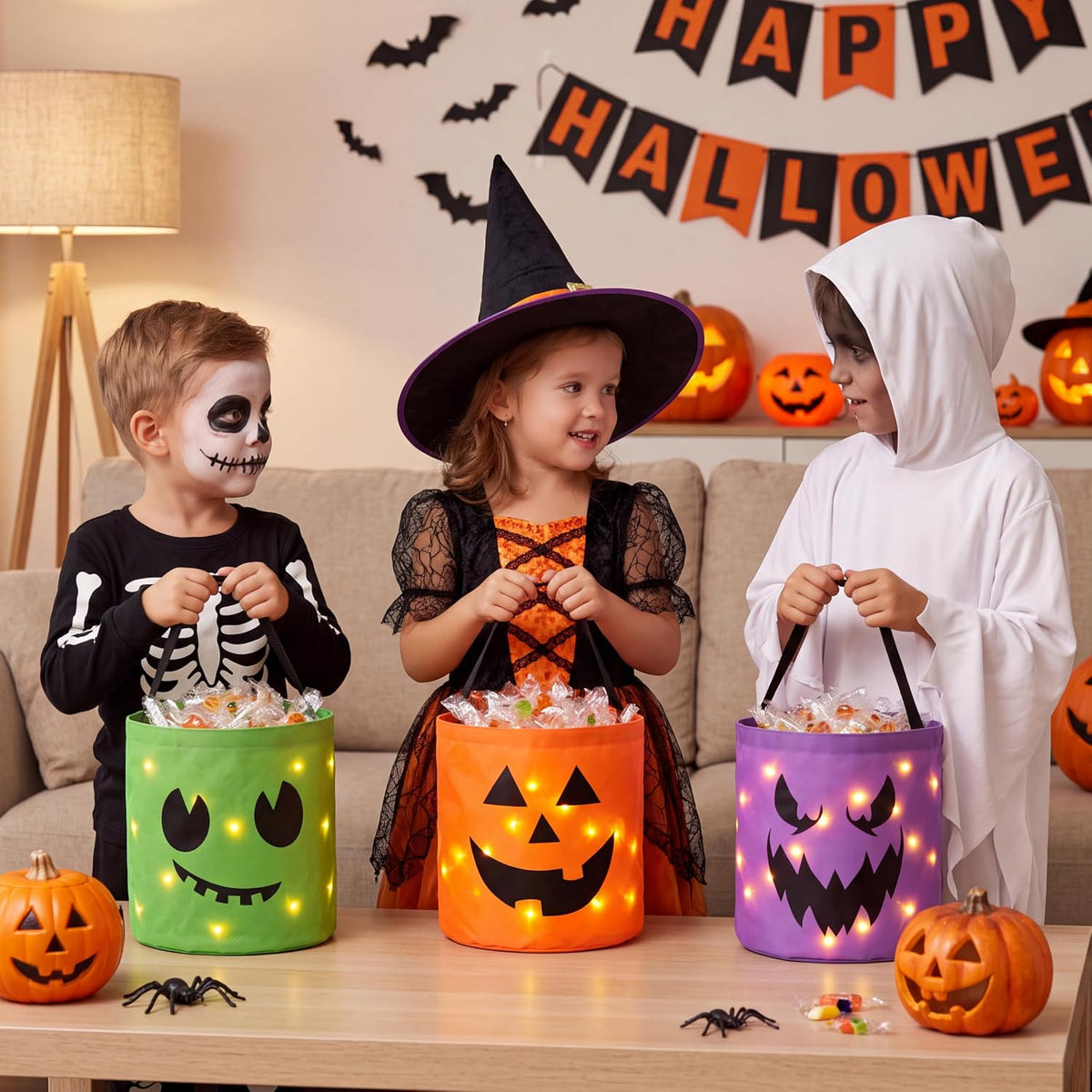 3-Pack LED Light-Up Halloween Pumpkin Trick-or-Treat Bags