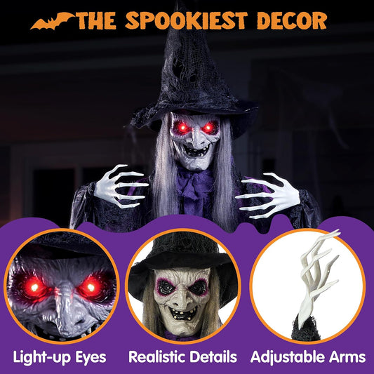 72” Hanging Witch Decor Halloween Decorations Outdoor, Flying Life Sized Sound Activated Light up Eyes Party Supplies for Garden Haunted House Front Porch Door Scary Old World