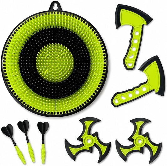 3-In-1 Indoor Axe Throwing Game for Kids & Adults, 12" Bristle Dart Board with Throwing Axes, Soft Tip Darts & Ninja Stars, Basement Game Room Target Practice Toy