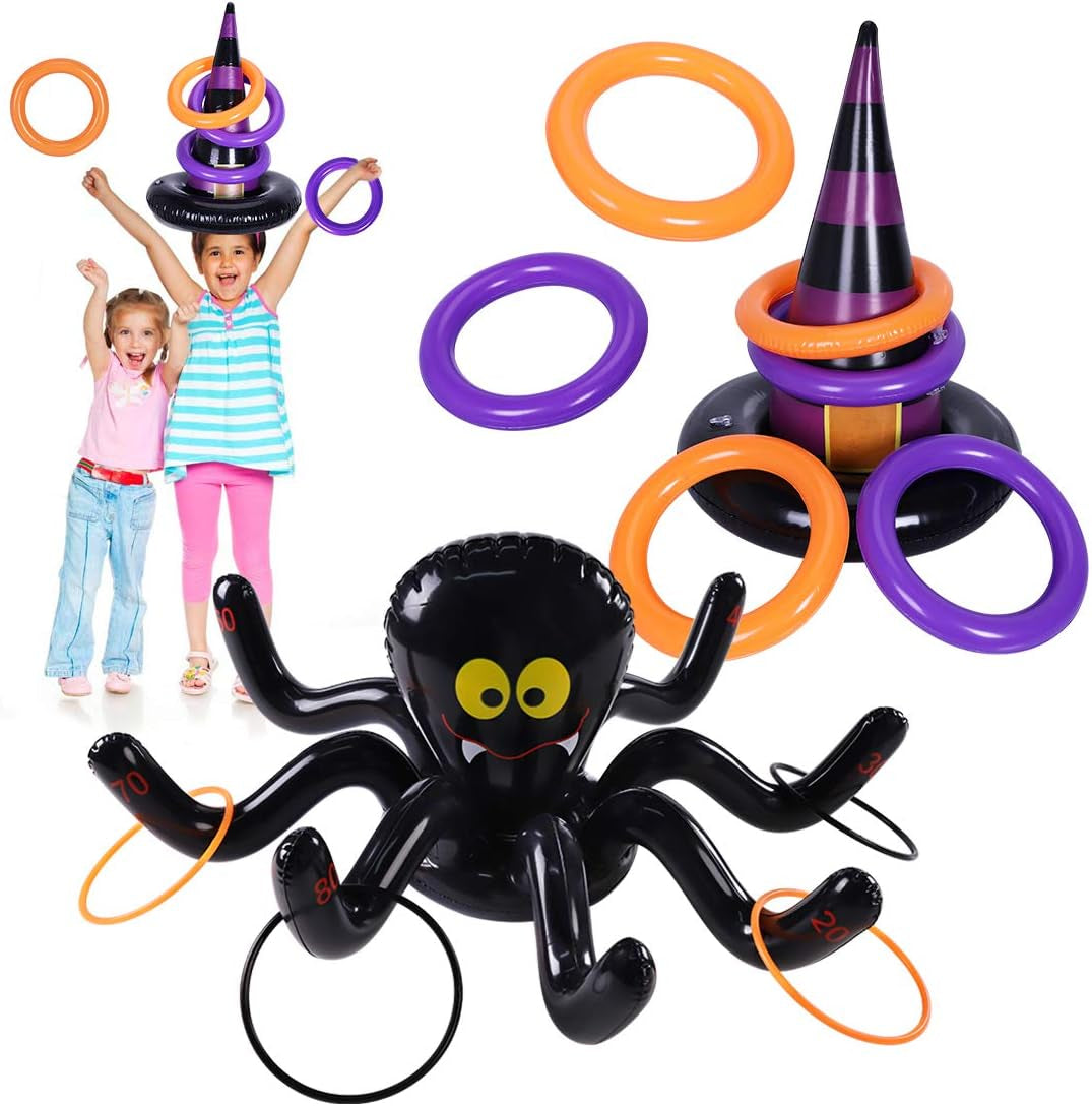 Halloween Ring Toss Games Inflatable Spiders Ring Toss Witch’S Hat Toss Game for Kids Halloween Party Favors Supplies Indoors Outdoors Party Games