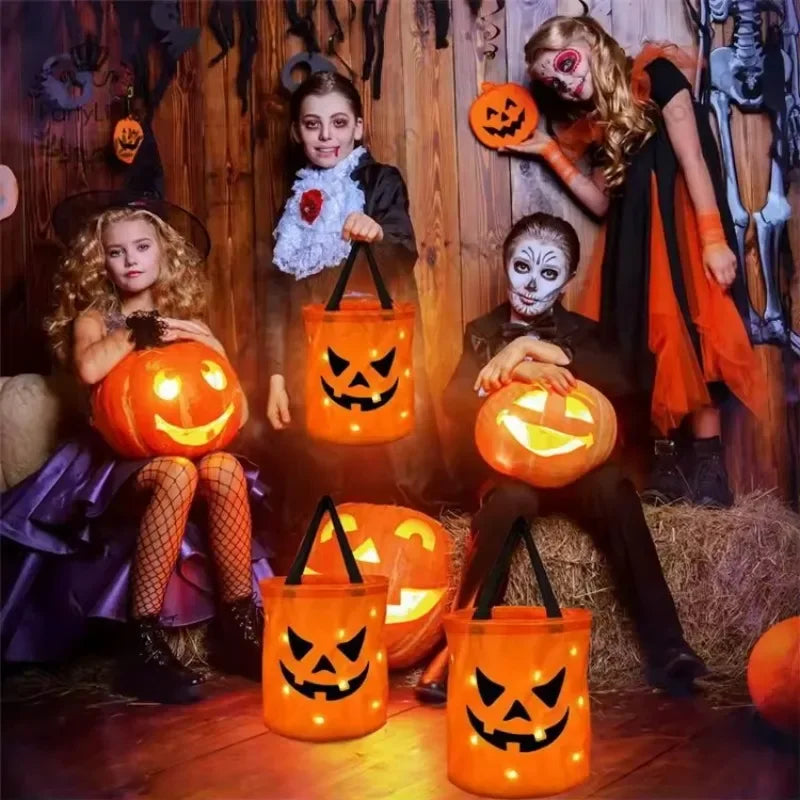 1-20PC LED Halloween Pumpkin Basket Light up Candy Tote Bag for Kids Trick or Treat Party Gift Bucket for Holiday Decoration Use