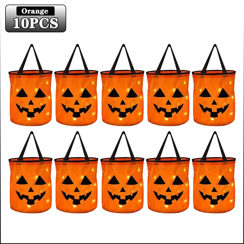 1-20PC LED Halloween Pumpkin Basket Light up Candy Tote Bag for Kids Trick or Treat Party Gift Bucket for Holiday Decoration Use