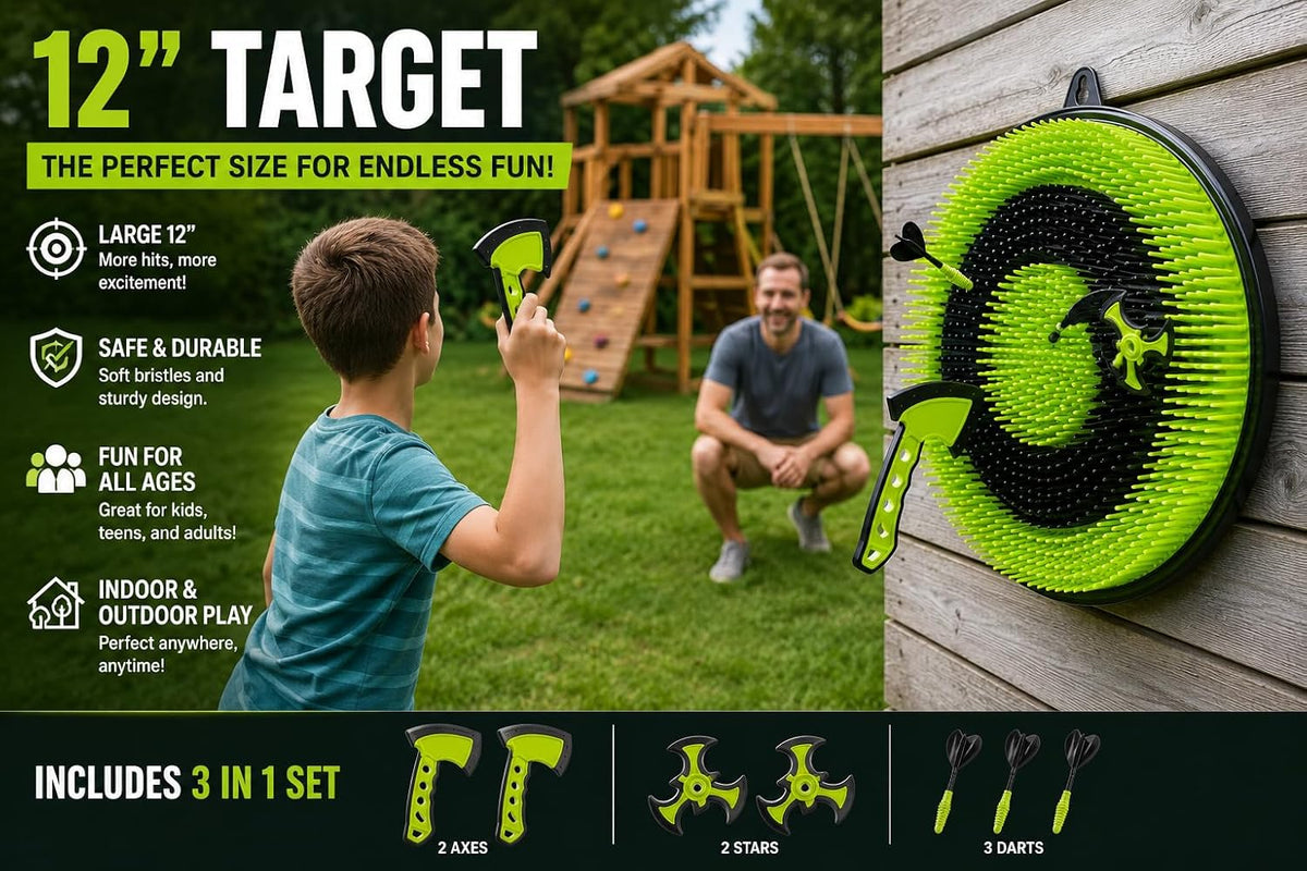 3-In-1 Indoor Axe Throwing Game for Kids & Adults, 12" Bristle Dart Board with Throwing Axes, Soft Tip Darts & Ninja Stars, Basement Game Room Target Practice Toy