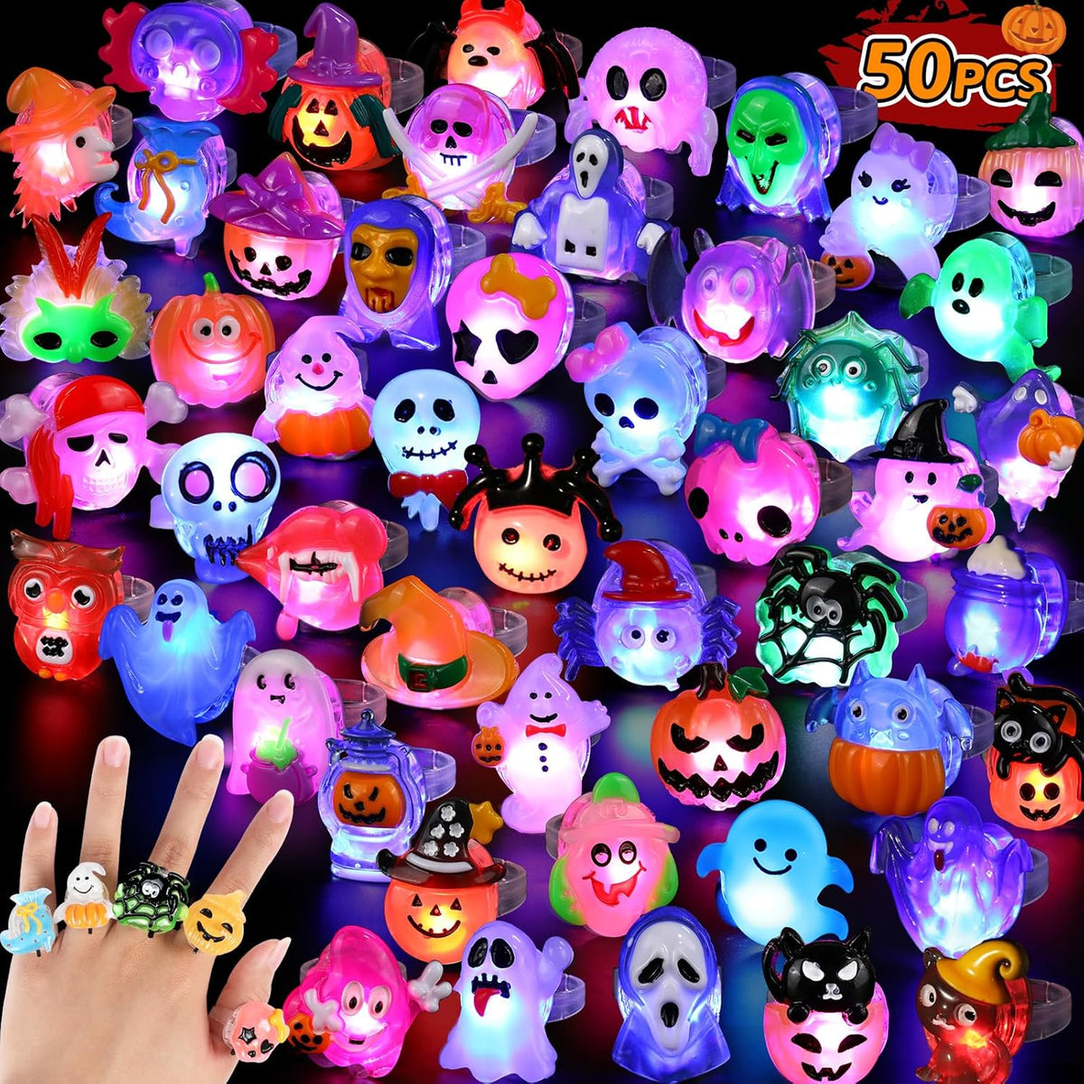 50Pcs 3D Halloween Treats Toys Light up Rings Gifts Halloween Party Favors