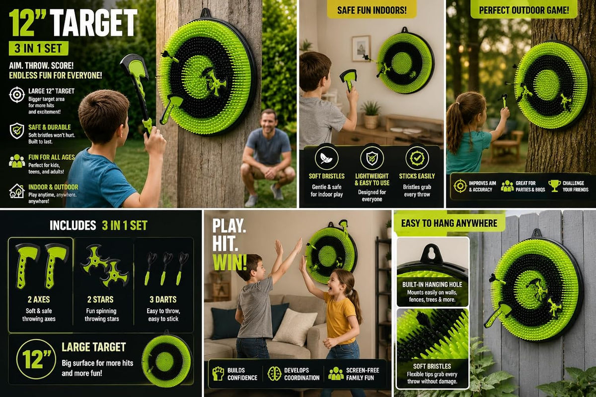 3-In-1 Indoor Axe Throwing Game for Kids & Adults, 12" Bristle Dart Board with Throwing Axes, Soft Tip Darts & Ninja Stars, Basement Game Room Target Practice Toy