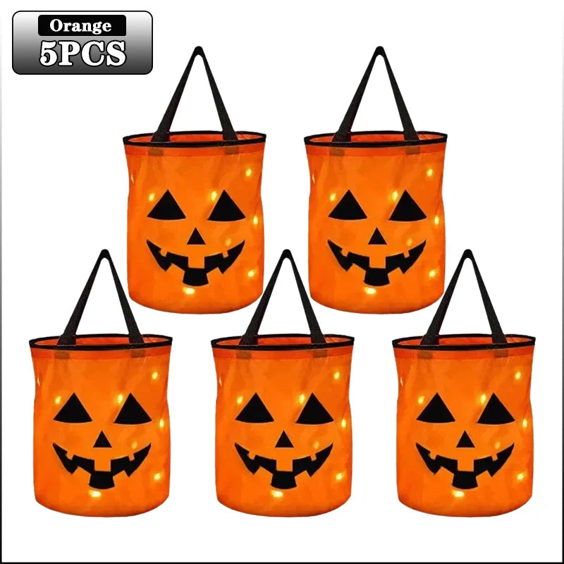 1-20PC LED Halloween Pumpkin Basket Light up Candy Tote Bag for Kids Trick or Treat Party Gift Bucket for Holiday Decoration Use