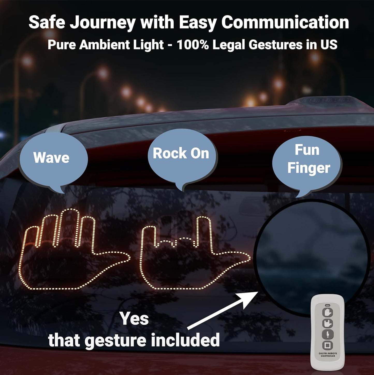 Waveon Pro Glohand for Car, 3 Hand Gestures LED Display with Remote
