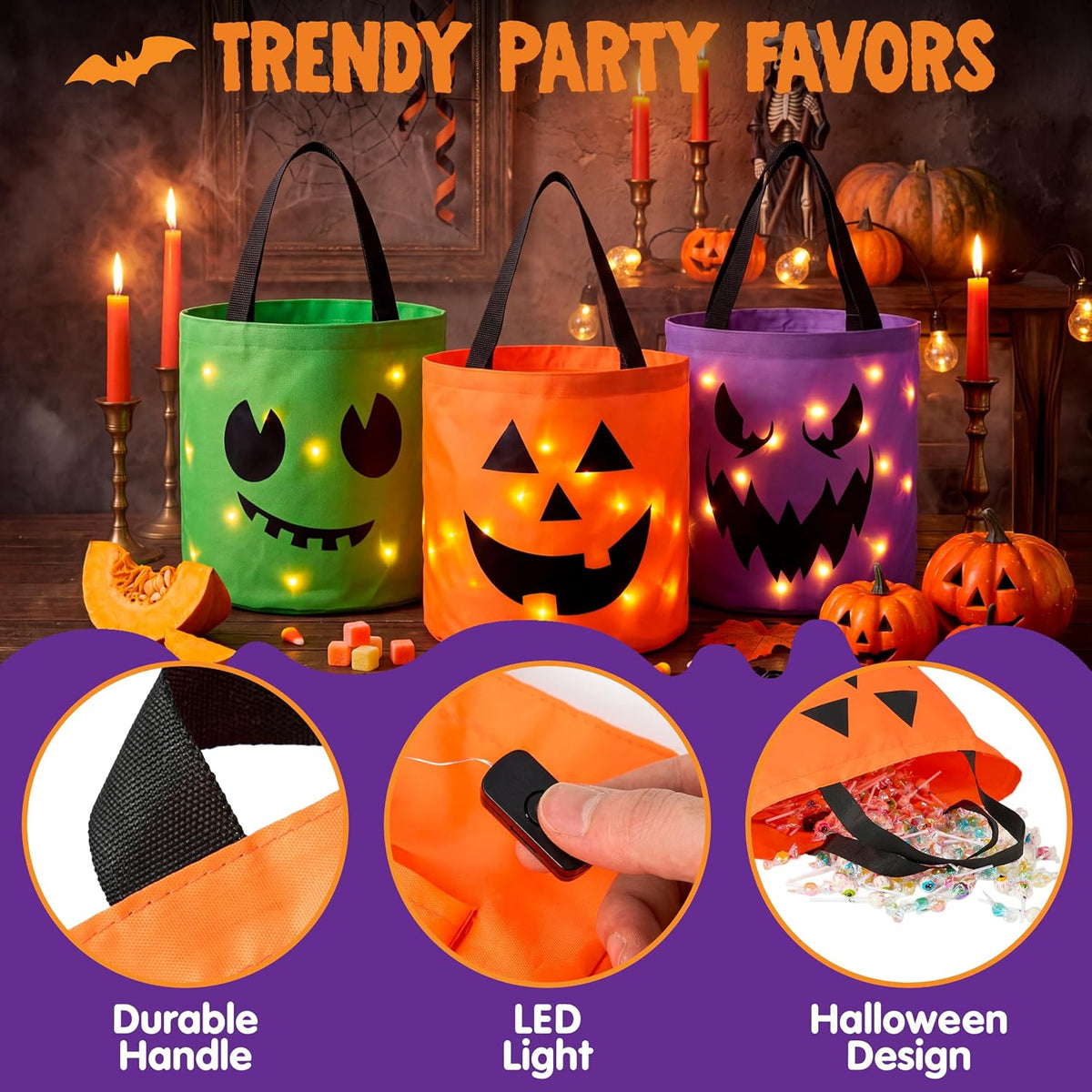 3-Pack LED Light-Up Halloween Pumpkin Trick-or-Treat Bags