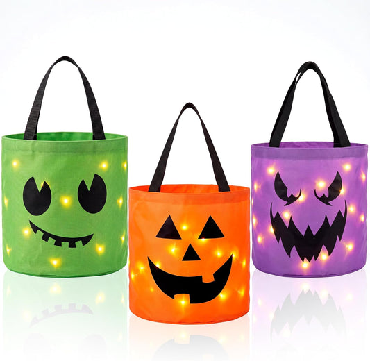 3-Pack LED Light-Up Halloween Pumpkin Trick-or-Treat Bags