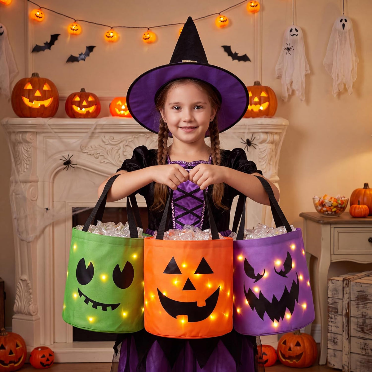 3-Pack LED Light-Up Halloween Pumpkin Trick-or-Treat Bags