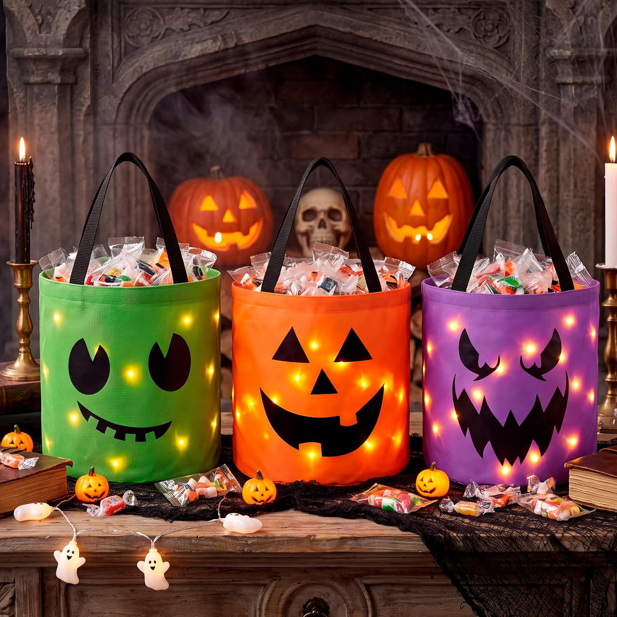 3-Pack LED Light-Up Halloween Pumpkin Trick-or-Treat Bags