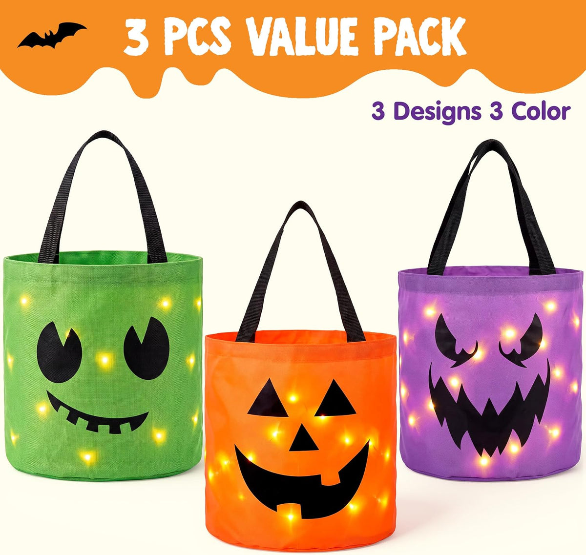 3-Pack LED Light-Up Halloween Pumpkin Trick-or-Treat Bags