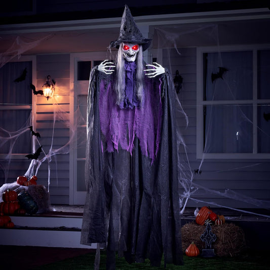72” Hanging Witch Decor Halloween Decorations Outdoor, Flying Life Sized Sound Activated Light up Eyes Party Supplies for Garden Haunted House Front Porch Door Scary Old World
