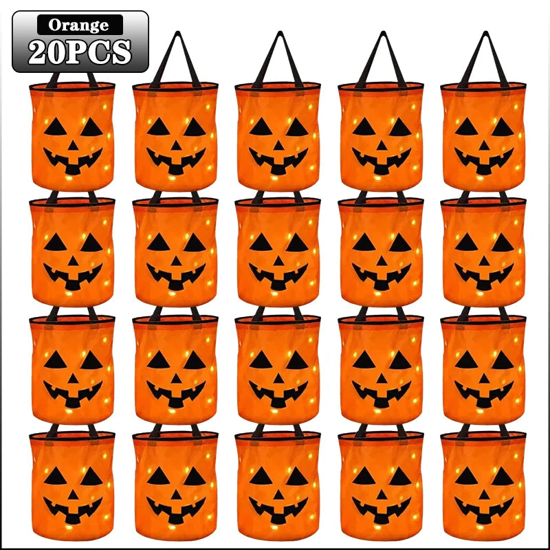 1-20PC LED Halloween Pumpkin Basket Light up Candy Tote Bag for Kids Trick or Treat Party Gift Bucket for Holiday Decoration Use