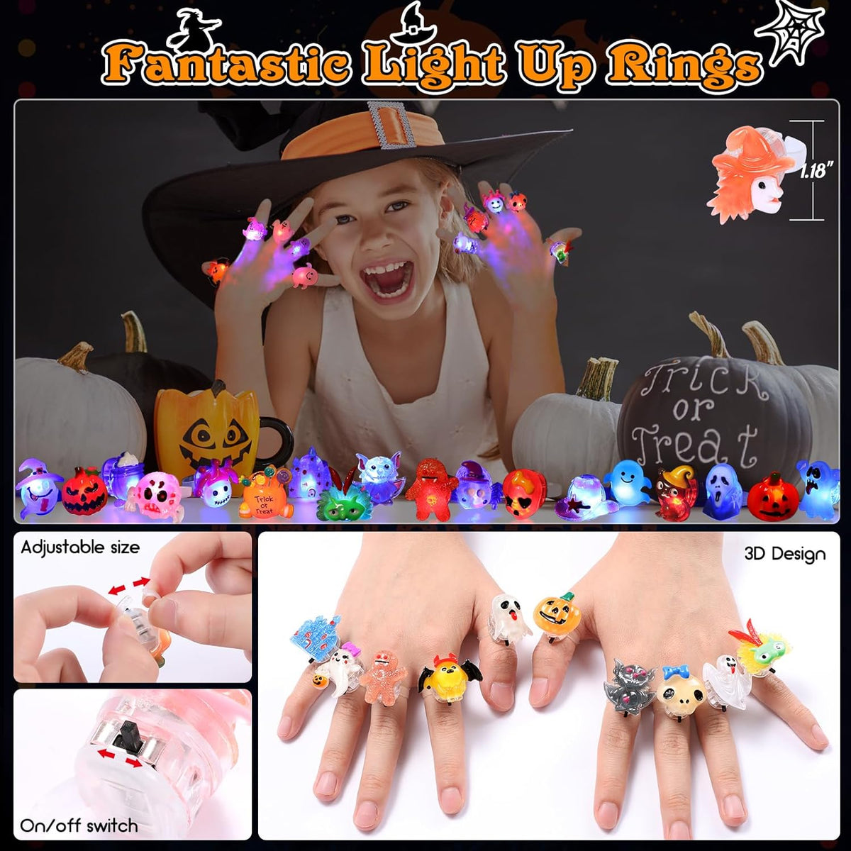 50Pcs 3D Halloween Treats Toys Light up Rings Gifts Halloween Party Favors
