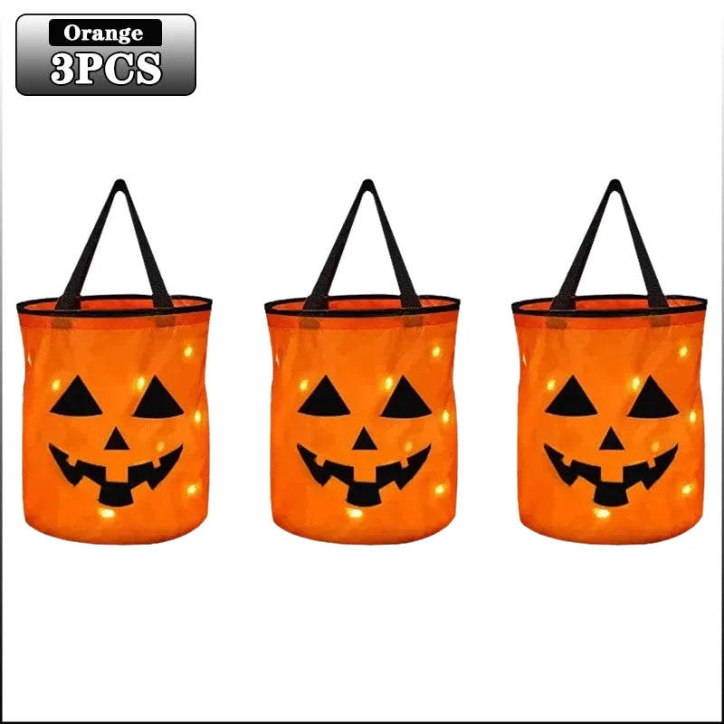 1-20PC LED Halloween Pumpkin Basket Light up Candy Tote Bag for Kids Trick or Treat Party Gift Bucket for Holiday Decoration Use