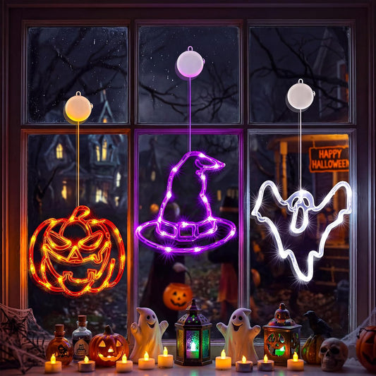 3 Pack Halloween Windows Lights - Pumpkin, Ghost, Hat with Timer