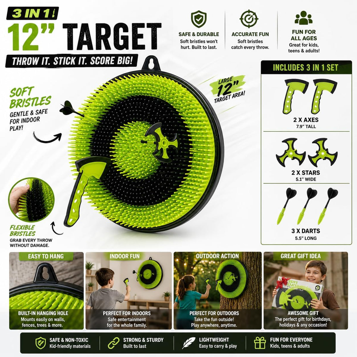 3-In-1 Indoor Axe Throwing Game for Kids & Adults, 12" Bristle Dart Board with Throwing Axes, Soft Tip Darts & Ninja Stars, Basement Game Room Target Practice Toy