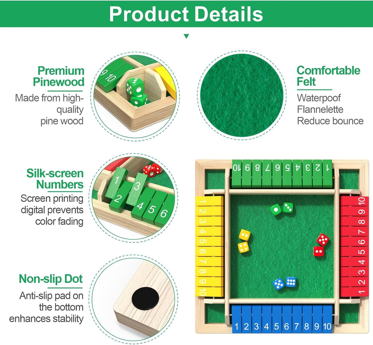 Shut the Box Game Wooden Math Dice Board Game 2-4 Players
