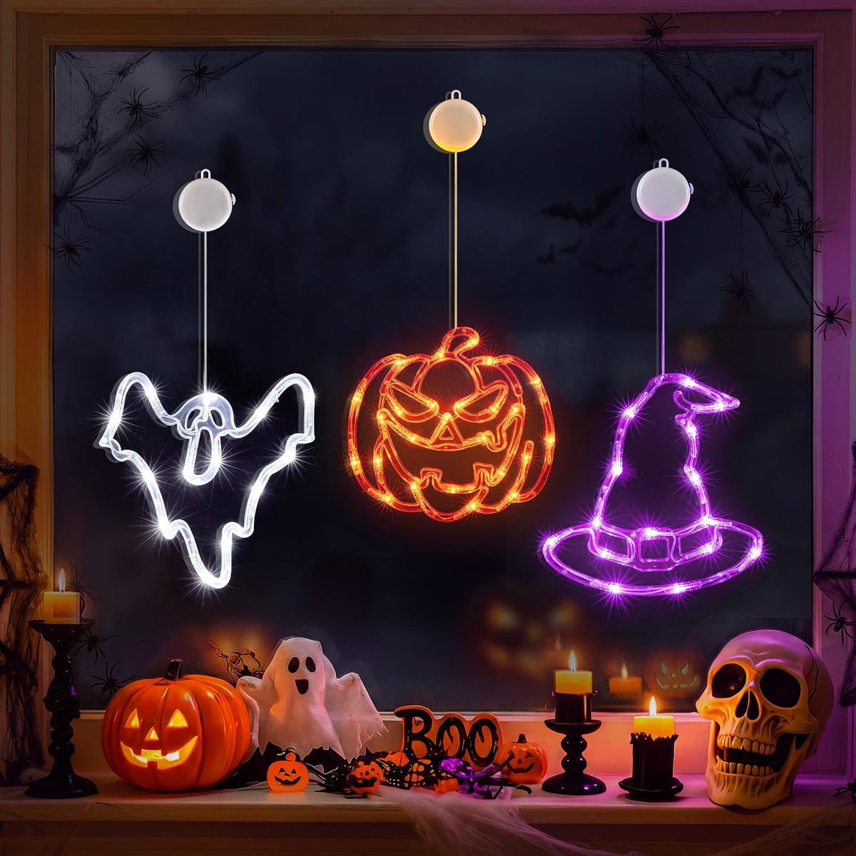 3 Pack Halloween Windows Lights - Pumpkin, Ghost, Hat with Timer