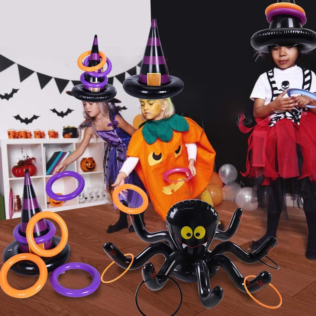 Halloween Ring Toss Games Inflatable Spiders Ring Toss Witch’S Hat Toss Game for Kids Halloween Party Favors Supplies Indoors Outdoors Party Games